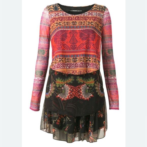 Desigual Tiered Layered Long Sleeve Dress Multicolor Print NWT Size S - Picture 5 of 13